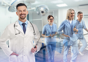 Group of doctors and surgery room, double exposure