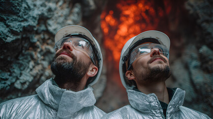 Engineers in Volcanic Energy Facility with Lava Glow and Heat Suits