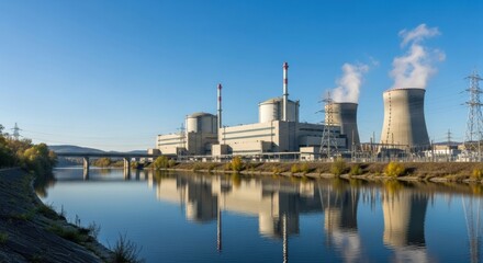 A scenic view of a nuclear power station on a riverbank, with a bridge in the distance and reflections on the water.