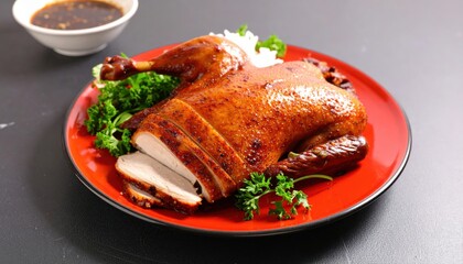 Delicious Peking Duck on a Red Plate