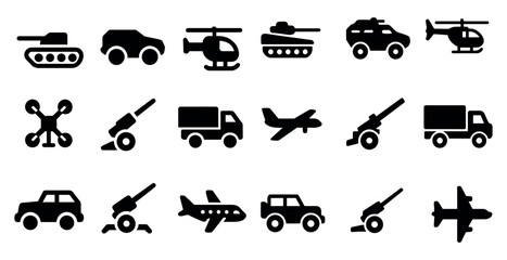 Military and vehicle silhouette icons set – solid, warfare, transportation symbols