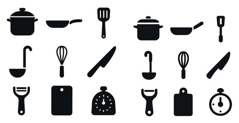 Fototapeta premium Kitchen tools silhouette icons set – solid, filled, cooking and utensil symbols