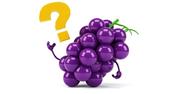 Animated grape character pondering with a yellow question mark above him