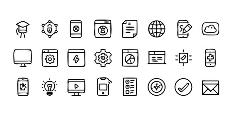  A line-style set of digital marketing web icons. Social media, networking, feedback, communication, marketing, and e-commerce. Vector illustrations.