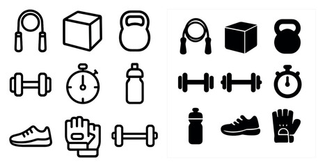 Fitness and exercise outline icons set – flat, solid, workout tools and equipment logos