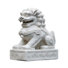 Obraz premium Majestic white stone Foo Dog (guardian lion) statue, symbolizing protection, prosperity, and traditional Chinese cultural heritage, perfect for decorative or spiritual displays. 