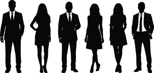 Six business silhouettes in formal attire lineup, CAD vector illustration for team diversity, fashion, corporate identity and group design themes