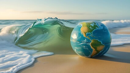 Clean ocean wave gently washing over a globe on a sandy beach, symbolizing marine conservation and Earth care  
