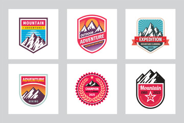 Set of adventure outdoor concept badges, summer camping emblem, mountain climbing logo in flat style. Extreme exploration sticker symbol. Graphic design element. Mountains logo set.