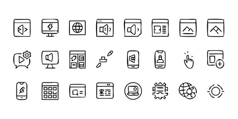 A line-style set of digital marketing web icons. Social media, networking, feedback, communication, marketing, and e-commerce. Vector illustrations.