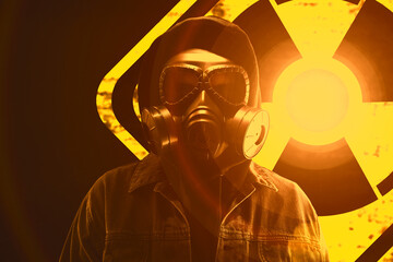 Man wearing gas mask black background. Glowing radioactive sign behind him