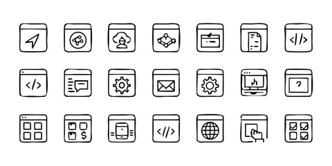  A line-style set of digital marketing web icons. Social media, networking, feedback, communication, marketing, and e-commerce. Vector illustrations.