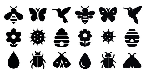 Obraz premium Nature and insect silhouette icons set – solid, filled, botanical symbols