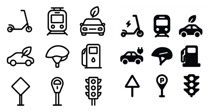 Eco-friendly transportation icons set - outline, linear, green commuting symbols