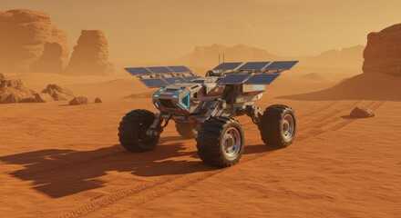 Martian rover traverses desolate landscape, powered by solar panels under a hazy orange sky