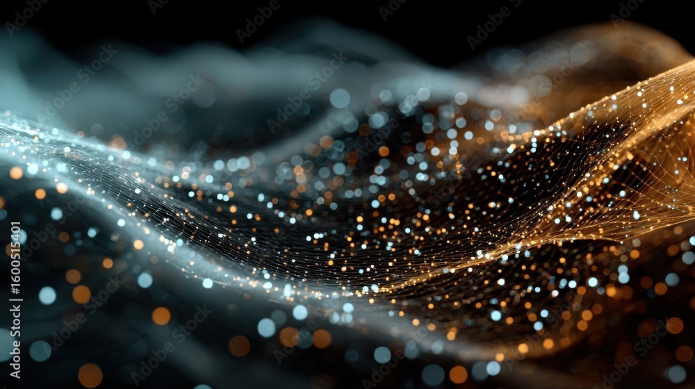 Poster abstract flowing fiber optics display with network connection and blue and gold particle streams