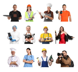 People of different professions. Collage with portraits on white background