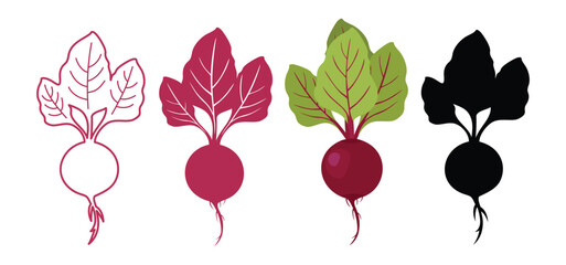 Beetroot, beet set, collection. Line silhouette, red silhouette, vegetable with leaves, black silhouette. Icons, beet plant logo. Vector illustration on white background.