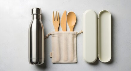 Fototapeta premium Reusable stainless steel water bottle and bamboo cutlery set for sustainable living.