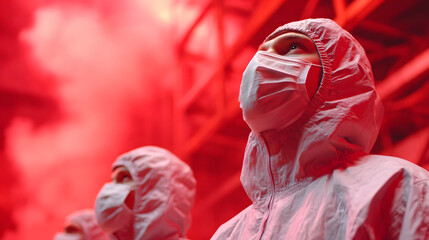 Engineers in Volcanic Energy Facility with Lava Glow and Heat Suits