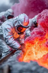 Engineers in Volcanic Energy Facility with Lava Glow and Heat Suits