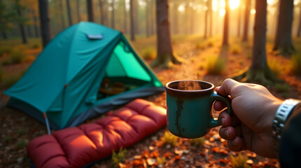 Hand holding a steaming green mug, enjoying a cozy forest camping sunrise