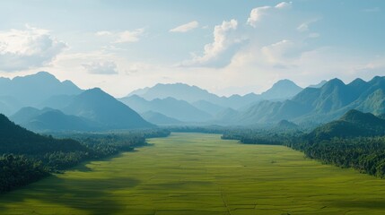 Obraz premium Views of Southeast Asian Rice Fields Concept. Vast Green Rice Field Surrounded by Majestic Mountains Under Blue Sky
