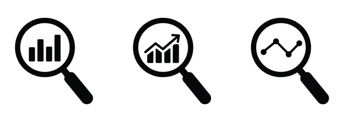 Vector art of three magnifying glass icons show graphs and charts representing data analysis market research and business intelligence activities