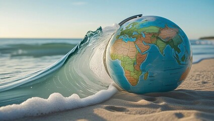 Clean ocean wave gently washing over a globe on a sandy beach, symbolizing marine conservation and Earth care  
