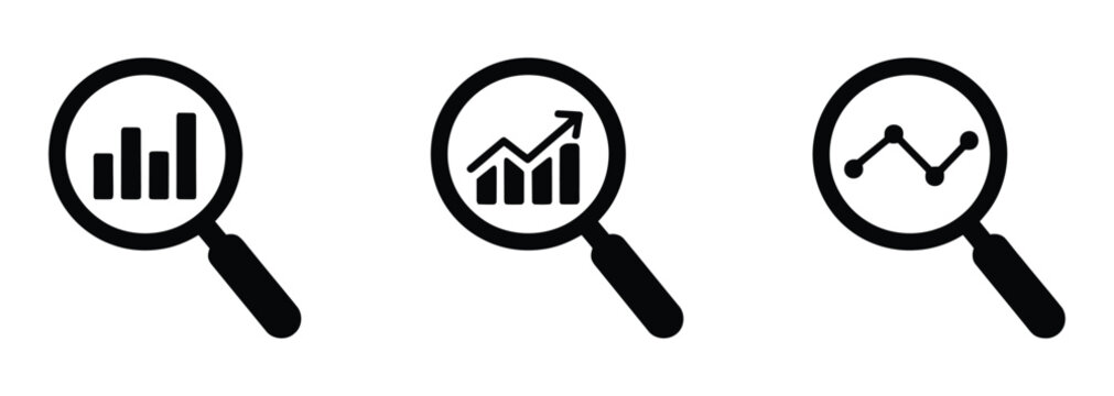 Vector art of three magnifying glass icons show graphs and charts representing data analysis market research and business intelligence activities