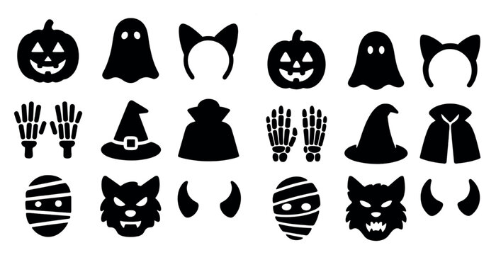 Halloween silhouette icons set – solid, filled, spooky and festive symbols