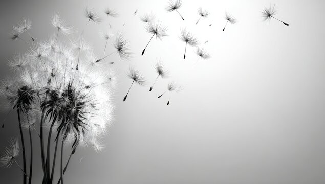 A beautiful floral backdrop is formed by elegant art illustration of transparent x-ray dandelions and wildflowers on a light background, ideal for cards, postcards, and interior designs