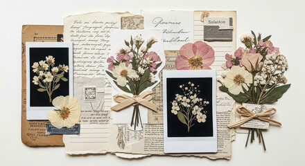 Vintage floral collage with old letters and photographs