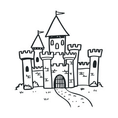 Obraz premium Hand-drawn medieval castle illustration with towers and flags