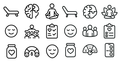 Fototapeta premium Health and wellness outline icons set – flat, fitness, mindfulness symbols