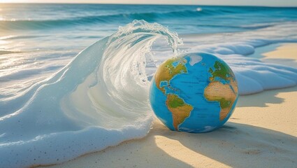 Clean ocean wave gently washing over a globe on a sandy beach, symbolizing marine conservation and Earth care  
