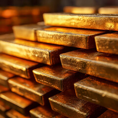 close-up of unevenly stacked gold bars with a textured finish, bathed in warm light, symbolizing raw wealth and untamed financial power