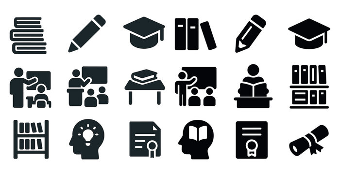 Education and learning solid icons set &ndash; silhouette, filled, academic and teaching symbols