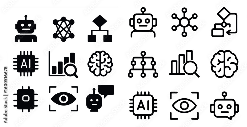 Poster artificial intelligence line icons set – outline, linear, ai and machine learning symbols