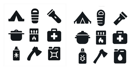 Obraz premium Camping and outdoor silhouette icons set – solid, filled, adventure symbols