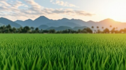 Views of Southeast Asian Rice Fields Concept. Lush Green Rice Field Under Sunset with Mountains in the Background