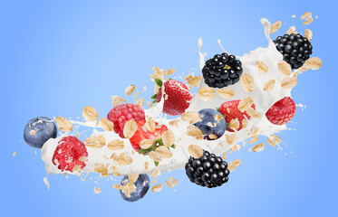 Oat flakes with fresh berries and milk splash flying on light blue background