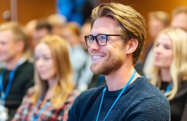 Obraz premium Happy people are gathered at a trade show to listen to a startup business owner, who is delivering a seminar or presentation, as part of an exhibition event that brings laughter to the crowd, during