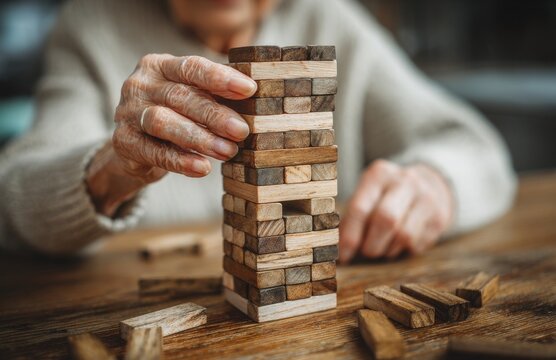 In a geriatric clinic, an elderly woman with dementia, not showing her face, plays a game involving wooden blocks on a table, aimed at improving her motor skills, as she builds a tower, participating - Powered by Adobe