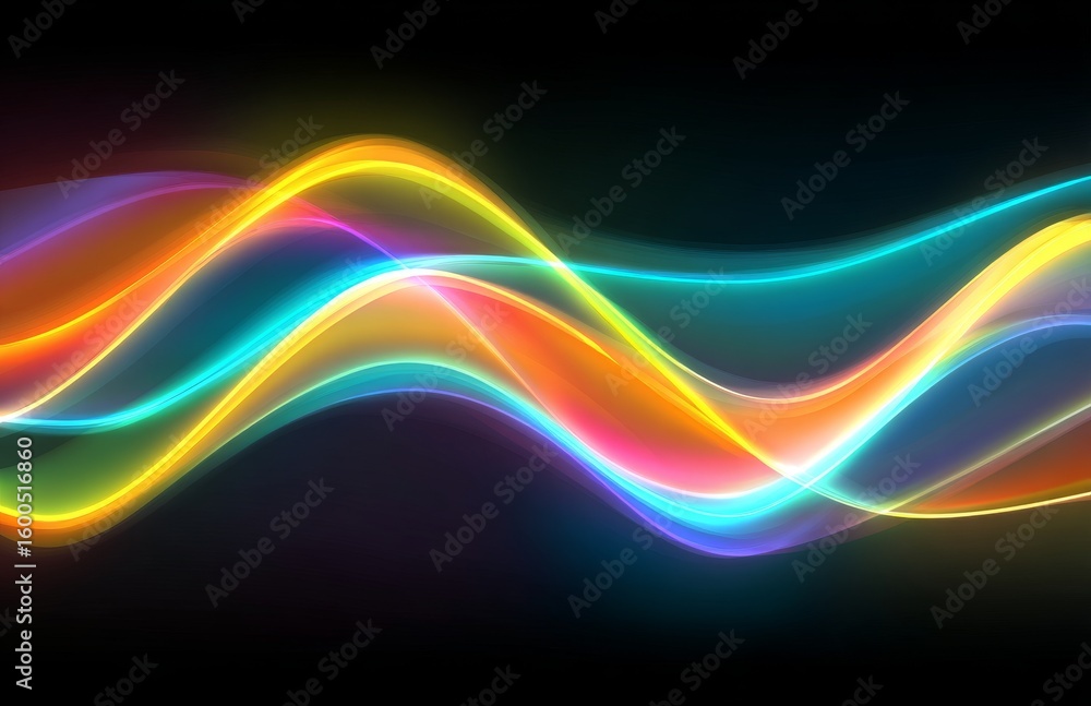 Poster vibrant optic fiber cables that are colorful form waves of neon, an abstract representation created 