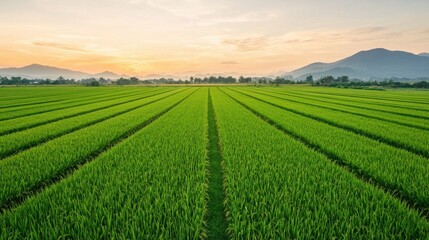 Naklejka premium Views of Southeast Asian Rice Fields Concept. Lush Green Rice Field Under a Vibrant Sunrise with Majestic Mountains in Distance