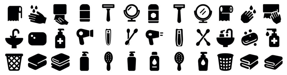 Obraz premium Personal care solid icons set – silhouette, hygiene, grooming essentials symbols