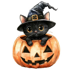 cute cat in halloween pumpkin  with witch hat