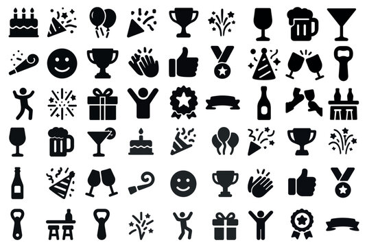 Celebration and party icons set – solid, silhouette, festive and event symbols