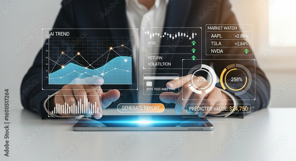 Poster businessman analyzing ai-powered data dashboard on tablet for stock trends and risk forecasting